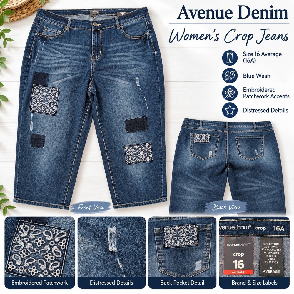 Avenue Denim Womens Crop Jeans Blue Distressed Paisley Patchwork Size 16 Average